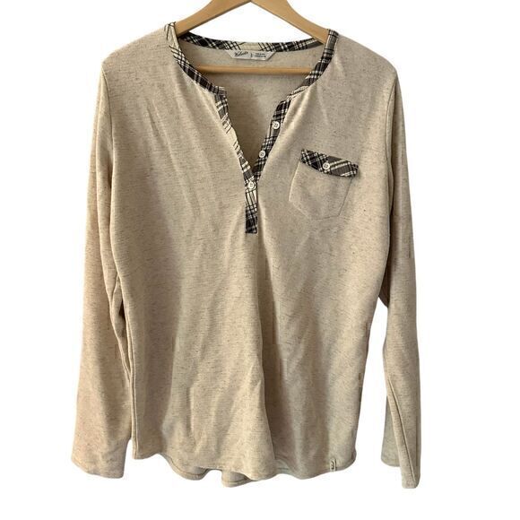 Woolrich Tops - Woolrich Womens Cream Black Plaid Trim Button Up Ribbed Long Sleeve Henley Shirt